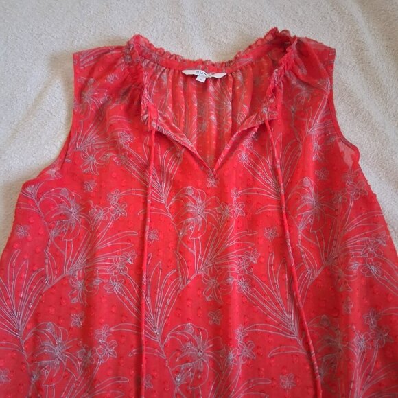 Alfred Sung Women's Size L Poppy Red Floral Ruffle Peasant Sheer Sleeveless Top - Picture 3 of 9